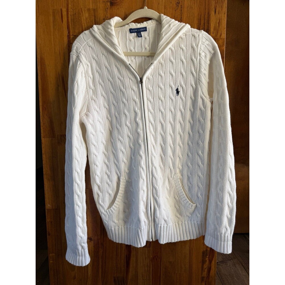 Women’s Ralph Lauren Cable Knit Full Zip Cotton Hooded Sweater Sz. XL White